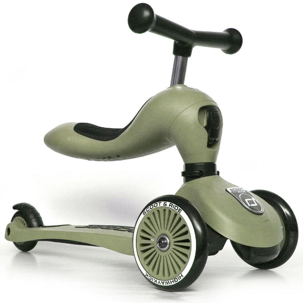 Scoot and Ride - Highwaykick 1 - Olive stylish loopfiets en step in olijfgroen met verstelbaar zadel.